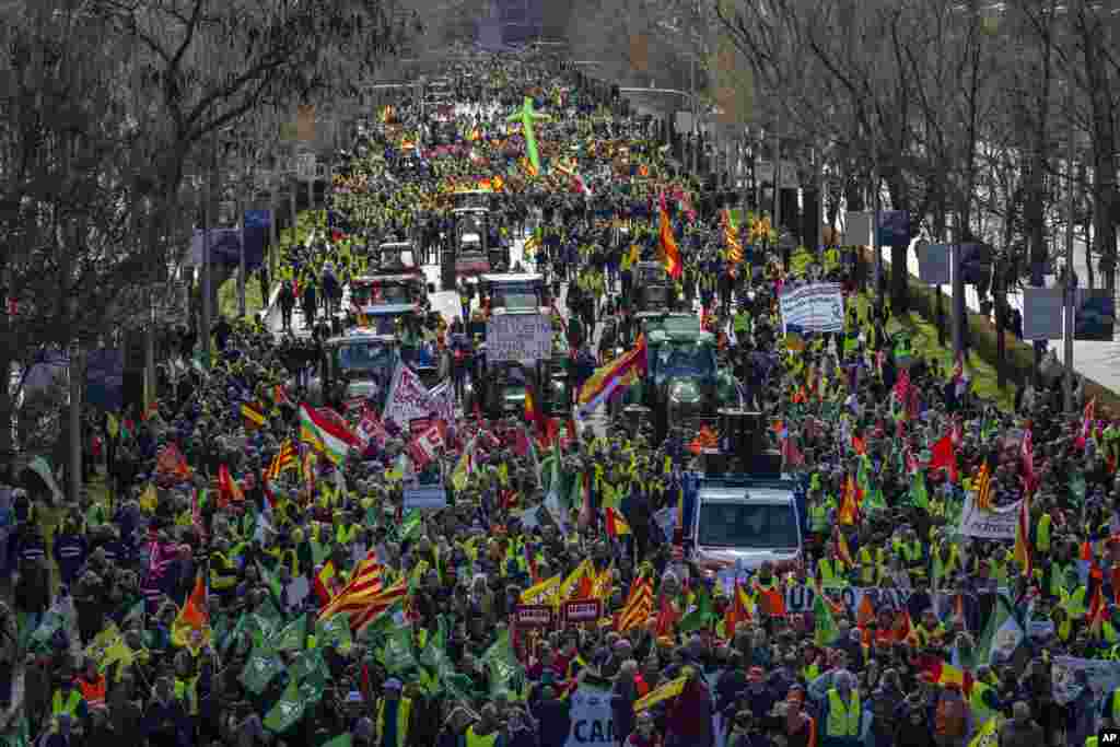 Farmers rally towards the European Parliament offices in Madrid, Spain.
