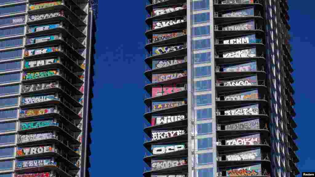 A view of unfinished high-rise towers in downtown Los Angeles that have attracted graffiti artists after the developer ran out of money, Feb. 22, 2024.