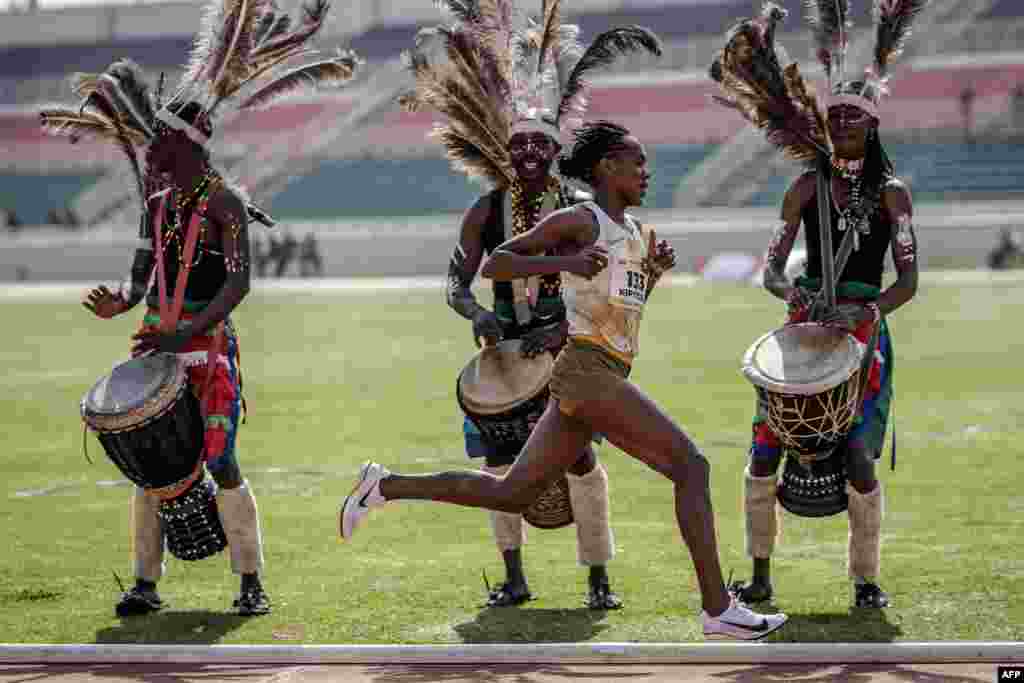 Kenyan 1,500-meter world record holder Faith Kipyegon takes part in the 5,000-meter Women Final during the Kenya Athletics 2024 Paris Olympic Trials at the Nyayo National Stadium in Nairobi.