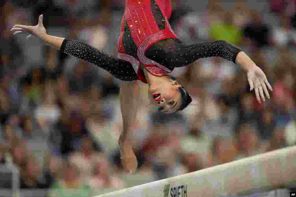 Sunisa Lee competes on the beam during the U.S. Gymnastics Championships, June 2, 2024, in Fort Worth, Texas.