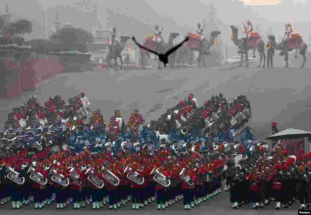 Members of the Indian military band perform during the "Beating the Retreat" ceremony in New Delhi.