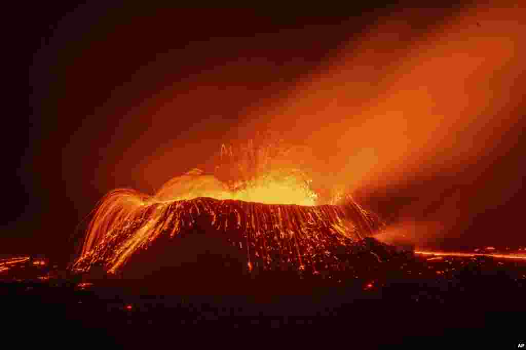 Explosive activity around 200 meters away from the crater near the town of Grindavik, Iceland.