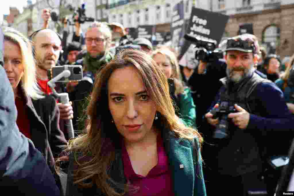 Stella Assange, the wife of WikiLeaks founder Julian Assange walks, on the day the High Court is set to rule on whether Julian Assange can appeal against extradition from Britain to the United States, in London. Assange's extradition to the United States from Britain was put on hold after London's High Court said the United States must provide assurances he would not face the death penalty.