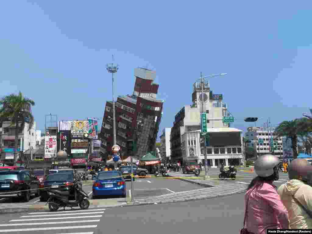 An area of a damaged building cordoned off, following an earthquake in Hualien, Taiwan.