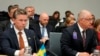 Swedish Defense Minister Pal Jonson, left, and Turkish Defense Minister Yasar Guler attend a meeting of the Ukraine Defense Contact Group at NATO headquarters in Brussels, June 15, 2023.