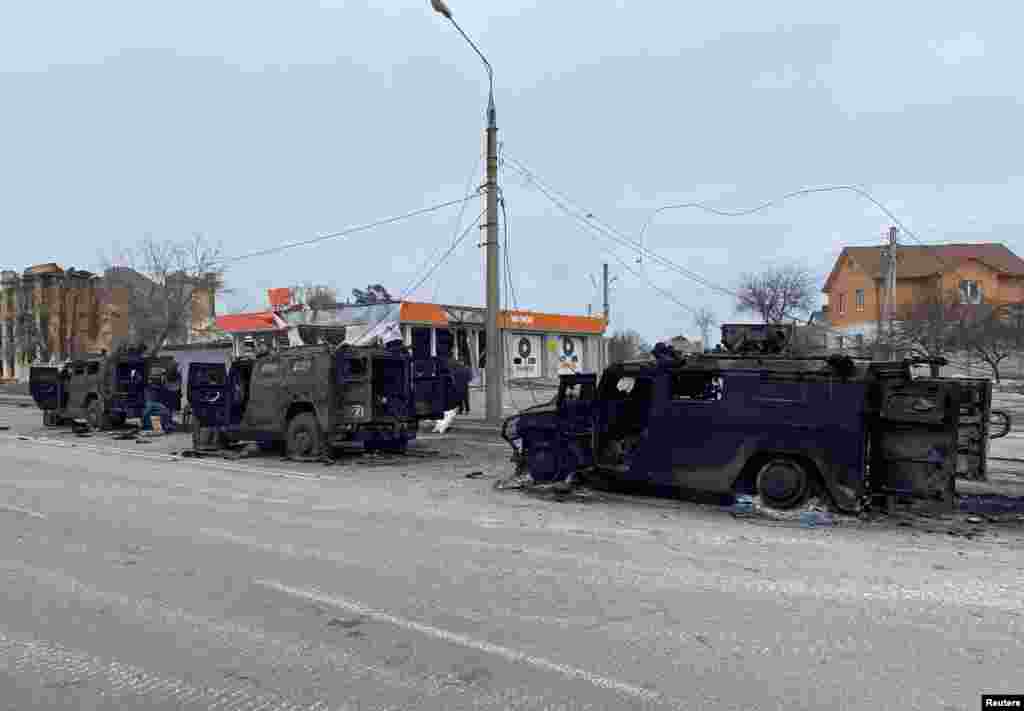 A view shows destroyed Russian Army all-terrain infantry mobility vehicles Tigr-M (Tiger) on a road in Kharkiv, Ukraine, Feb. 28, 2022.