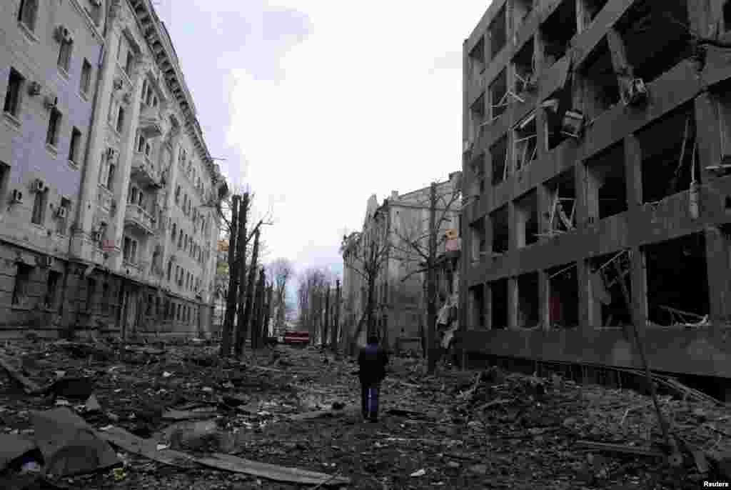 A view shows buildings damaged by recent shelling during Russia's invasion of Ukraine in Kharkiv, March 8, 2022.