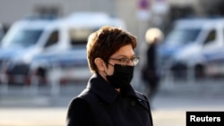 German Defence Minister Annegret Kramp-Karrenbauer attends an annual wreath laying ceremony at the Neue Wache memorial to mark Remembrance Day in Berlin, Germany, Nov. 15, 2020.