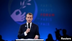 Президент Франції Еммануель Макрон на відкритті Паризького форуму миру 11 листопада 2018 р.