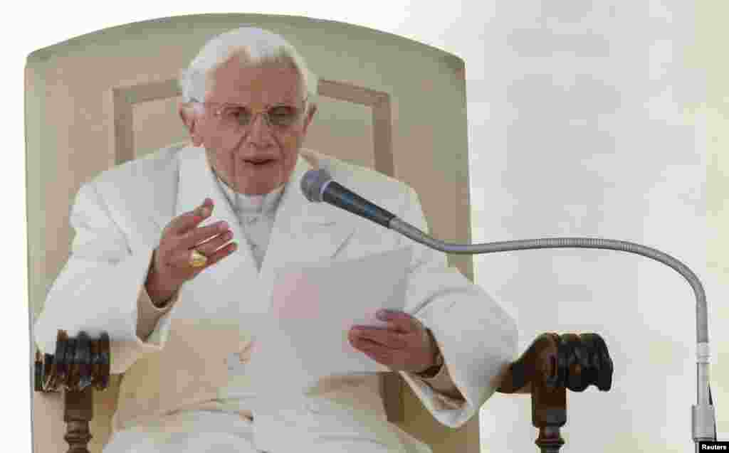 Pope Benedict holds his last general audience in St. Peter's Square at the Vatican, Feb. 27, 2013.