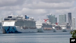 Cruise ships are docked at PortMiami, March 31, 2020, in Miami. 