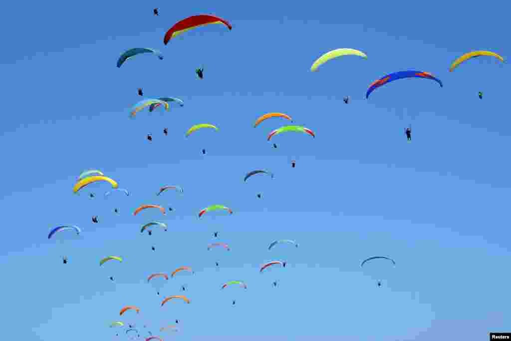 Para atlet paralayang (Paragliding) berusaha memecahkan rekor dunia paralayang di Gunung Payung, Badung, Bali (Foto: Antara).