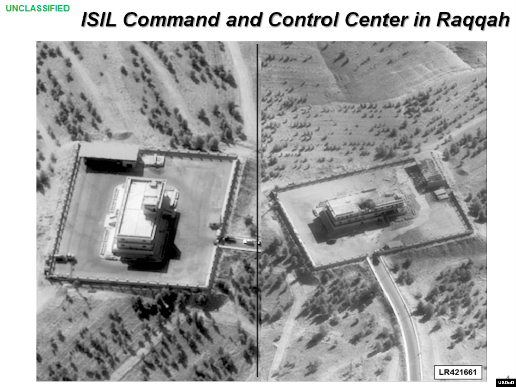 Press briefing slide - Before (left side) and after airstrike on ISIL Command and Control Center by coalition forces, Raqqah, Syria, Sept. 23, 2014, (U.S. Central Command Center)