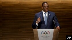 Senegal President Macky Sall talks during the 133th IOC session in Buenos Aires, Argentina, Oct. 8, 2018. 