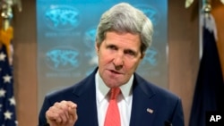 Secretary of State John Kerry speaks about the situation with Ukraine and Russia from the State Department in Washington, Thursday, April 24, 2014