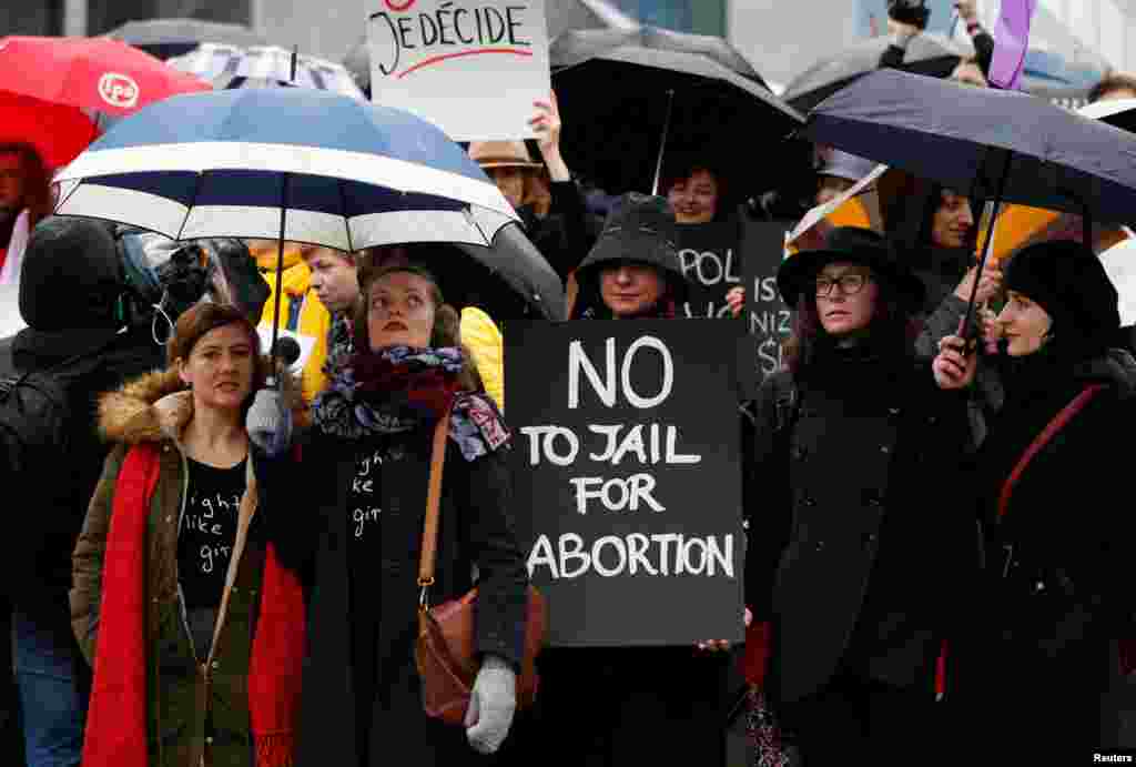 Belgian and Polish women demonstrate to call for abortion rights outside buildings of European Union institutions on International Women's Day in Brussels, Belgium, March 8, 2017.