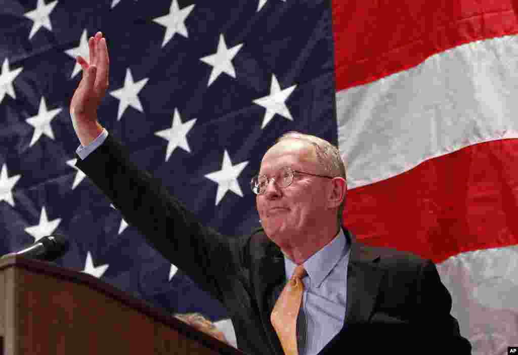In Tennessee, Republican incumbent Lamar Alexander, celebrating another victory, acknowledges supporters in Knoxville, Nov. 4, 2014.