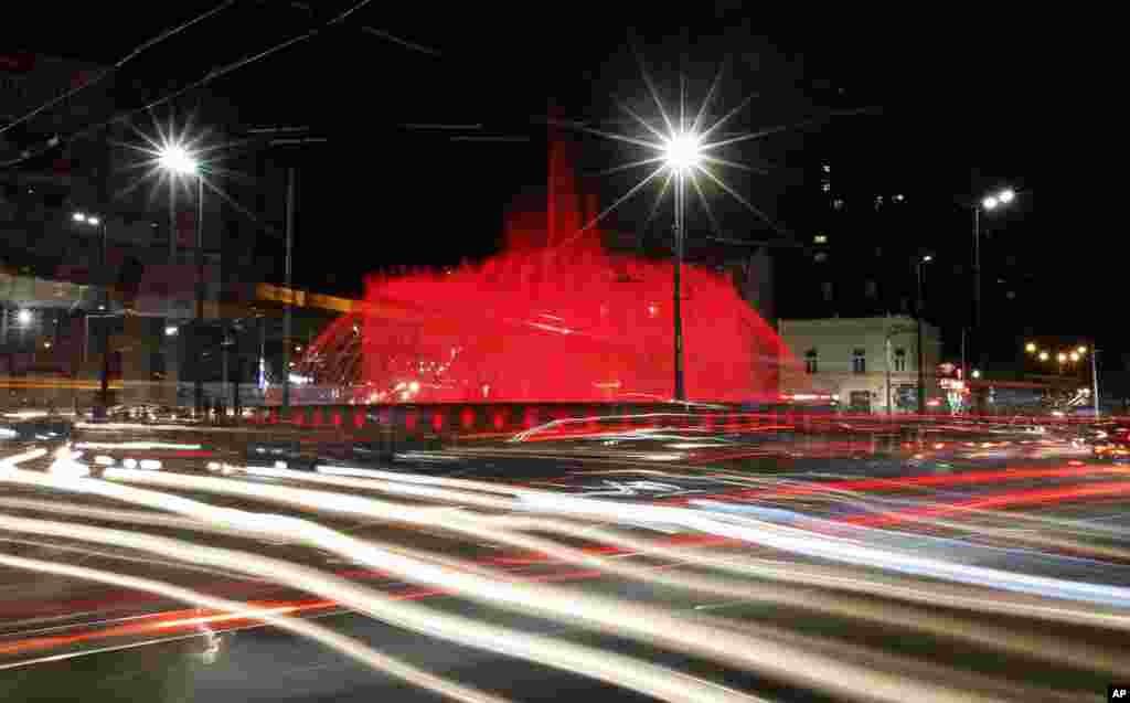 Lights illuminate the new musical fountain in Belgrade, Serbia, June 6, 2017. The huge 1.8-million-euro ($2 million) installation - featuring 350 water jets, a colorful lightshow and sometimes loud music - on the capital's busiest Slavija roundabout has triggered mixed reactions among Belgraders.