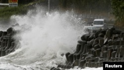 High waves triggered by Typhoon Haishen crash against the coast in Kagoshima, Kagoshima prefecture, in southwestern Japan Sept. 6, 2020, in this photo taken by Kyodo.