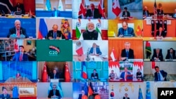 Picha za viongozi wa G20 waliohudhuria mkutano kwa njia ya video.(Photo by Handout / Palazzo Chigi press office / AFP) / 