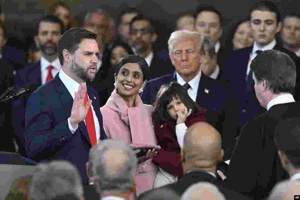 J.D. Vance takes the oath of office as Vice President during the 60th Presidential Inauguration in the Rotunda of the U.S. Capitol in Washington, Jan. 20, 2025.