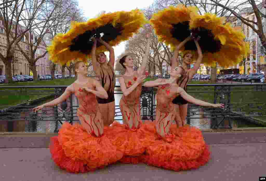 Para penari memeragakan pose "Momix Botanica" di kota Duesseldorf, Jerman.