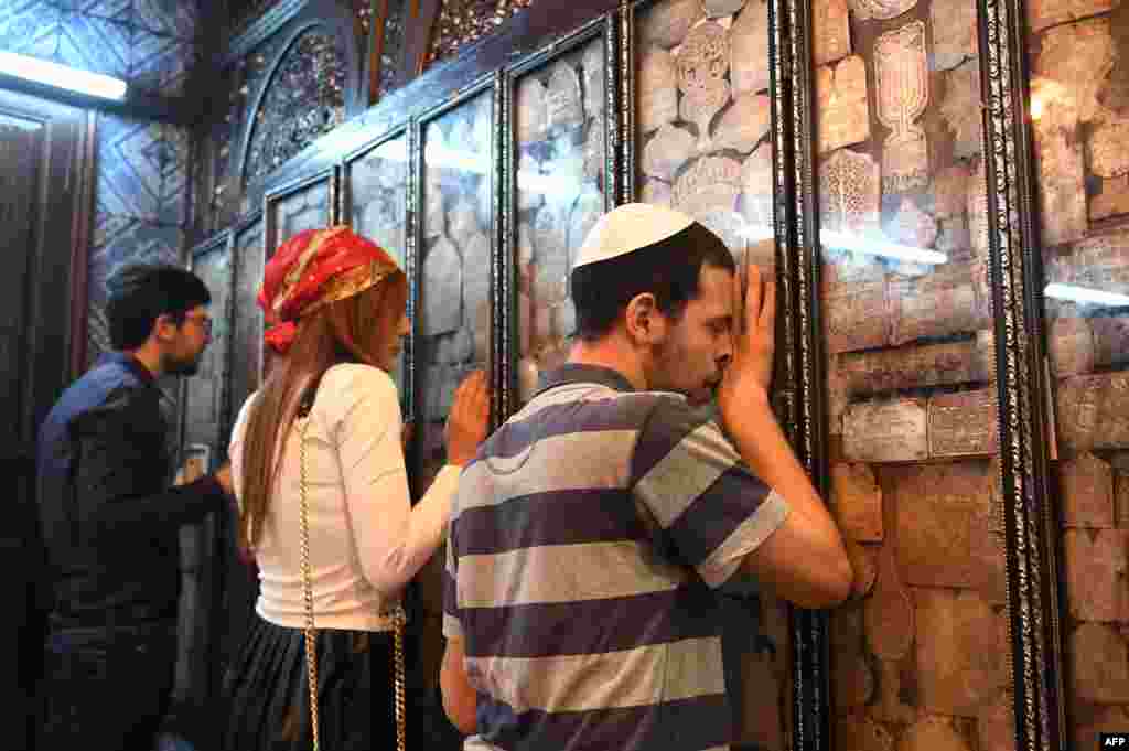 Jewish pilgrims pray at the Ghriba synagogue during the first day of the annual Jewish pilgrimage to the synagogue on Tunisia's Mediterranean resort island of Djerba.