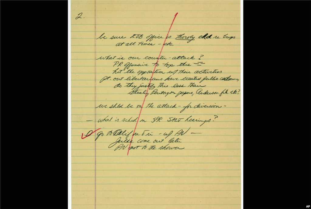 Notes taken by White House chief of staff H.R. Haldeman during a June 20, 1972, meeting with President Richard M. Nixon reflect the president's fear that the office in the Executive Office Building might be bugged. (AP Photo)