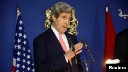 U.S. Secretary of State John Kerry speaks at a news conference with Moroccan Foreign Minister Salaheddine Mezouar following a bilateral strategic dialogue at the Foreign Ministry in Rabat, April 4, 2014.