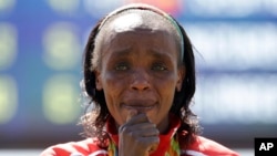 Jemima Sumgong, première Kényane de l'histoire championne olympique de marathon l'été dernier à Rio, 14 août 2016.