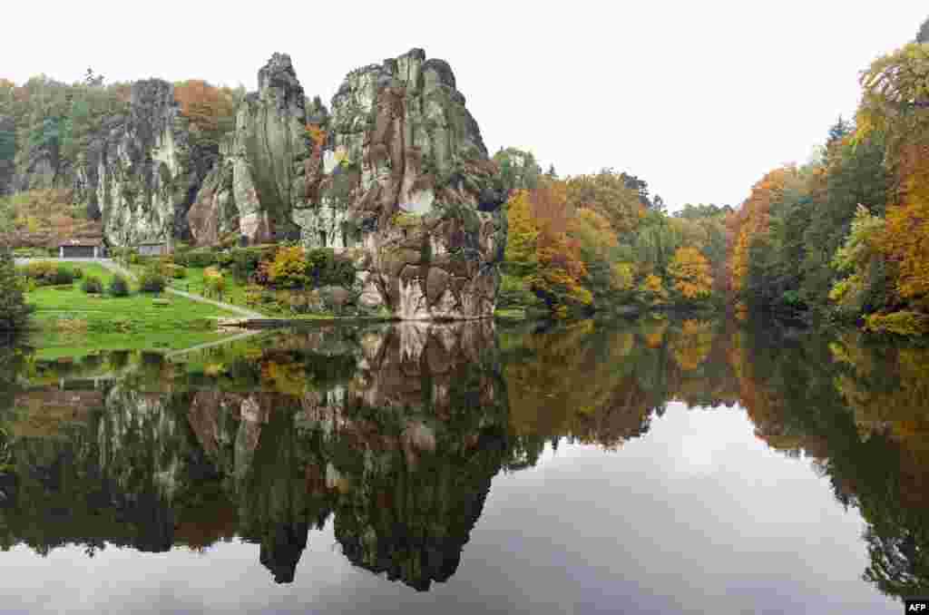 The rocks of the Teutoburger forest and trees in Horn-Bad Meinberg, near Detmold, Germany