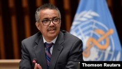 Direktur Jenderal WHO Tedros Adhanom Ghebreyesus memberikan keterangan pers di Jenewa, Swiss