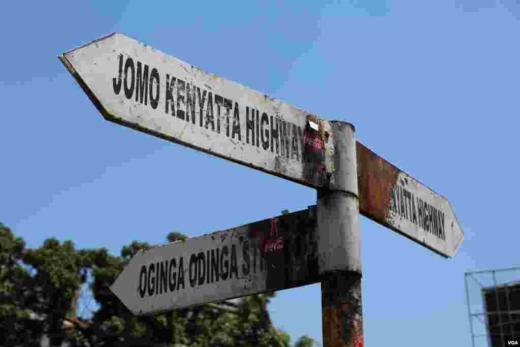 Crossroads of Jomo Kenyatta Highway and Oginga Odinga Street in Kisumu, Kenya, as seen during protests on October 6, 2017. The sons of Kenyatta and Odinga, Kenya’s first president and vice-president, are the two main candidates in Kenya’s upcoming re-run
