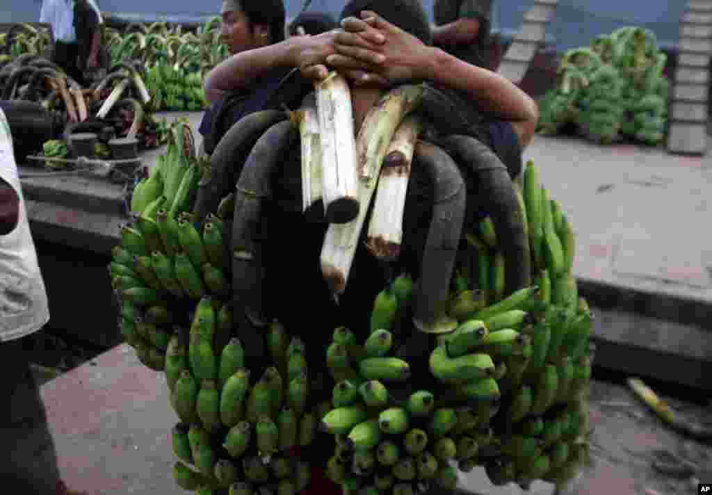 Seorang pekerja membawa beberapa tandan pisang di bahunya setelah diturunkan dari kapal di dermaga di Rangoon, Burma.