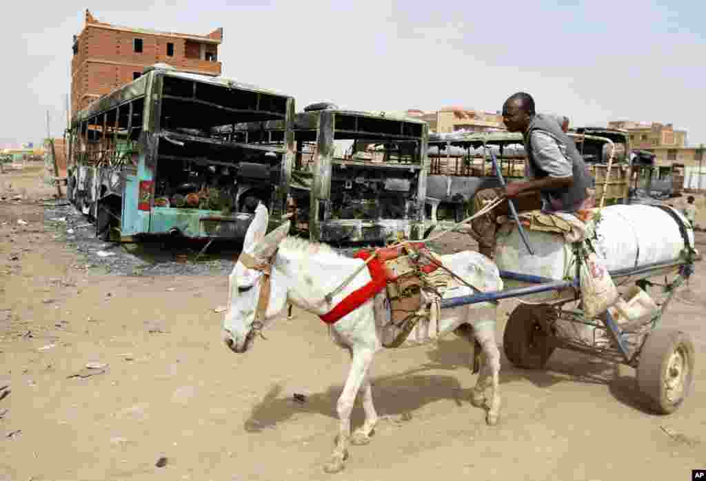 A man on a donkey cart passes burned buses following rioting and unrest in Khartoum, Sudan, Sept. 26, 2013.
