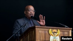 FILE - South African President Jacob Zuma speaks at a Human Rights Day rally in Durban, South Africa, March 21, 2016. 