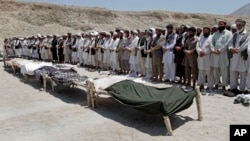 Afghan men offer funeral prayers near the bodies of 7 civilians killed, by a roadside bomb in the Alingar district of Laghman province, east of Kabul, Afghanistan, June 03, 2013.