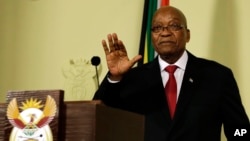 Presiden Afrika Selatan Jacob Zuma dalam pidato kepada warga dan media, dari Union Buildings milik pemerintah, di Pretoria, Afrika Selatan, 14 Februari 2018.