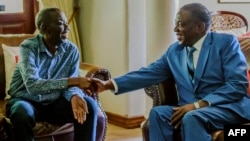 FILE: Zimbabwe's President Emmerson Mnangagwa (R) shakes hands with the leader of the Movement for Democratic Change (MDC), the country's main opposition party, Morgan Tsvangirai (L), who has been battling cancer, during a visit at his home in Harare on January 5, 2018. The visit came as Zimbabwe's political parties prepare to begin campaigning for elections due later this year -- the first since former president stood down following a brief military takeover. / AFP PHOTO / Jekesai NJIKIZANA