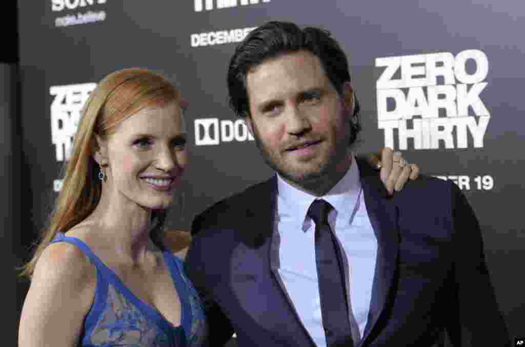 Actress Jessica Chastain, left, and actor Edgar Ramirez arrive at the premiere of the feature film "Zero Dark Thirty" at the Dolby Theatre in Los Angeles, California, December 10, 2012.