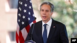 FILE - U.S. Secretary of State Antony Blinken speaks about modernizing American diplomacy during a speech at the Department of State's Foreign Service Institute in Arlington, Va., Oct. 27, 2021.